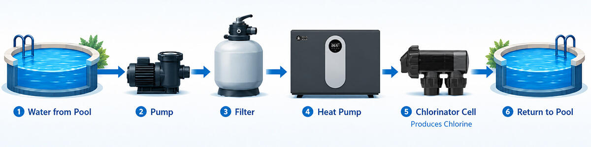 Pool equipment flow diagram showing water moving from the pool through the pump, filter, heat pump and chlorinator cell before returning to the pool