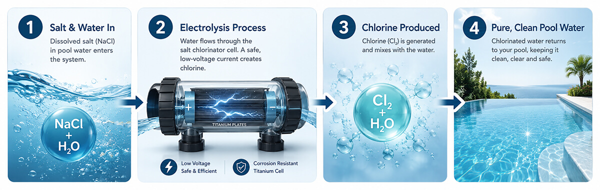 Salt chlorination process showing how dissolved salt and water pass through the chlorinator cell to produce chlorine for pool sanitation