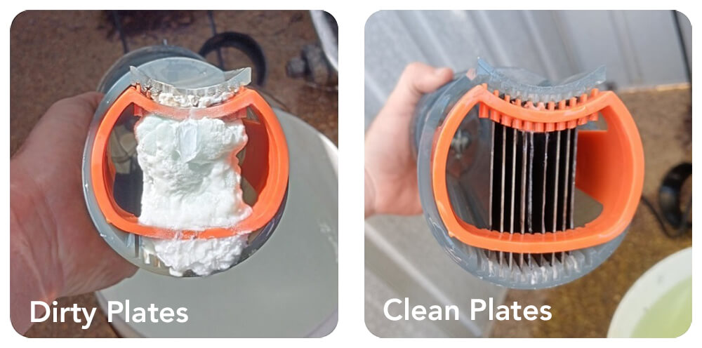 Salt chlorinator cell showing heavy calcium scale build-up compared with clean plates after inspection and maintenance